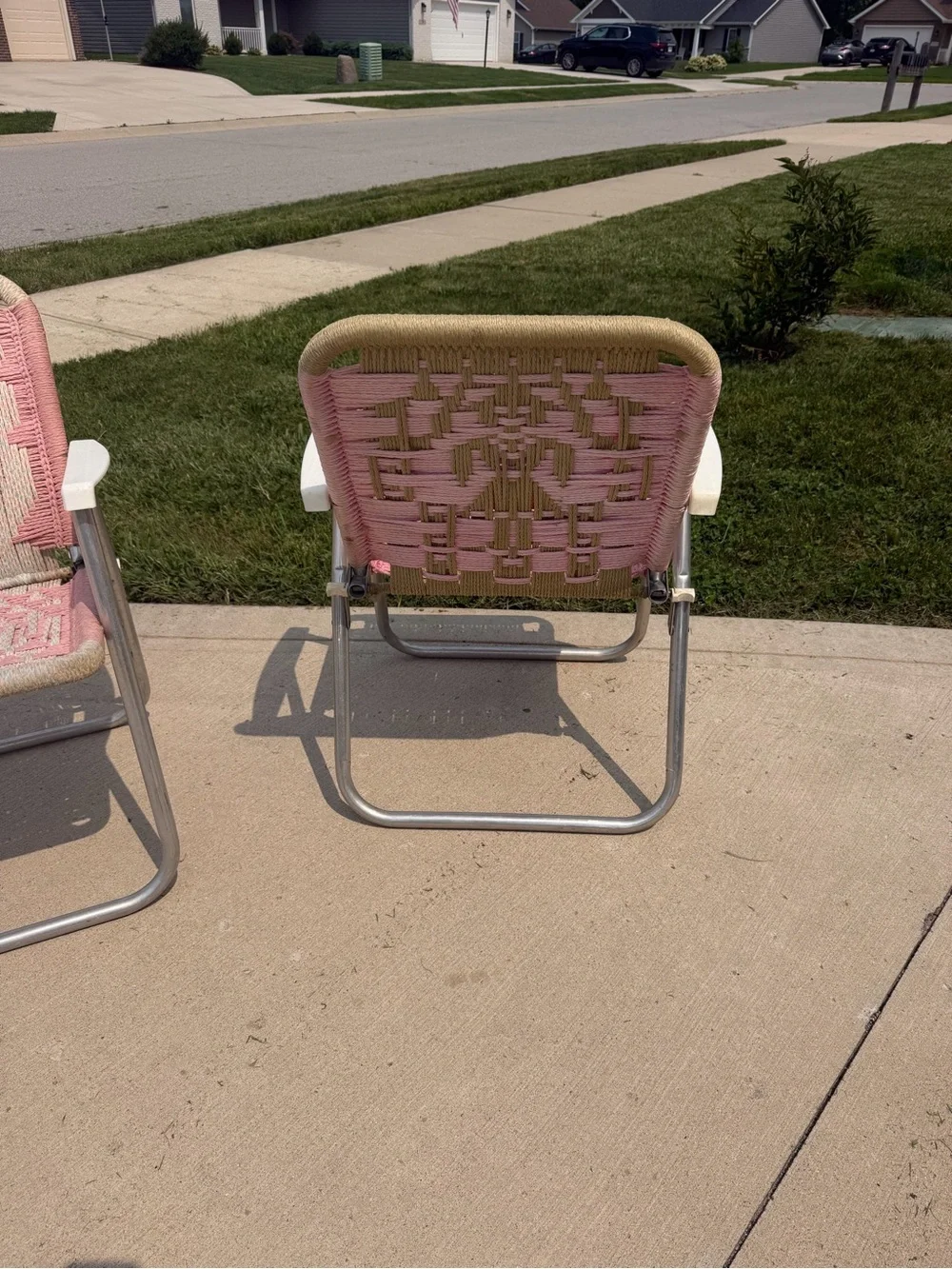 Vintage 1960s 70s Woven Aluminum Folding Lawn Chairs Pink Heart Pair  of Macrame